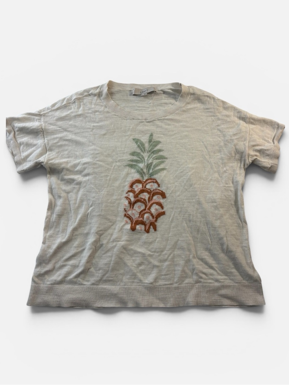 Loft Pineapple Sweater Knit Short Sleeve Womens Size Small 100%‎ Cotton Beach